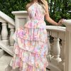 Halter Floral Print Ruffle Tiered Vacation Maxi Dresses-Pink
