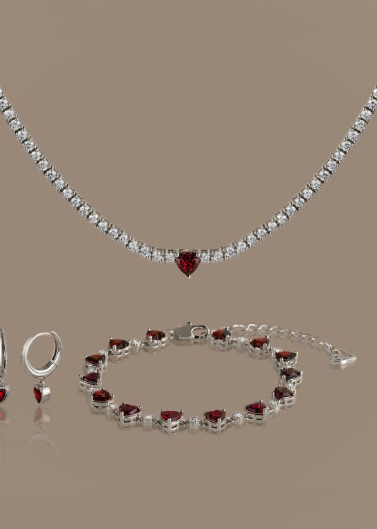 Garnet Diamond Heart Jewelry Set in Silver