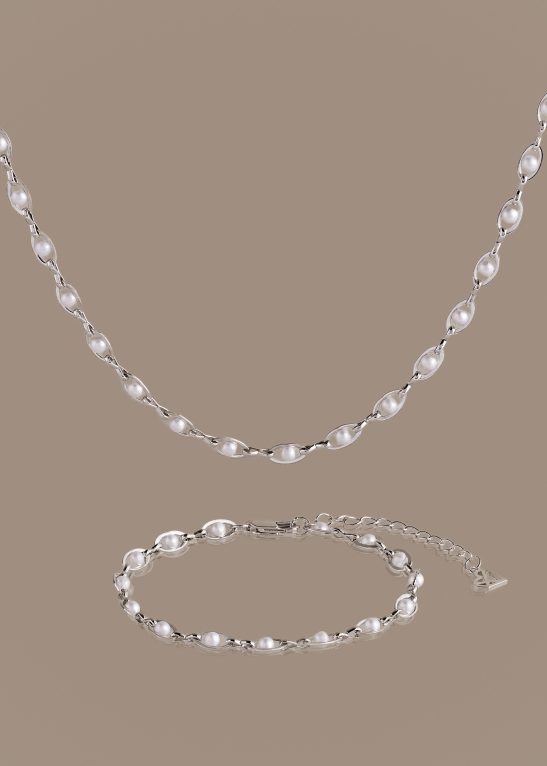 Eternity Pearl Necklace & Bracelet Set in Silver