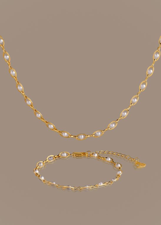 Eternity Pearl Necklace & Bracelet Set in 18K Gold