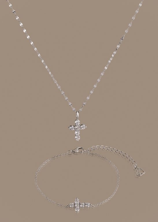 Diamond Cross Necklace & Bracelet Set in Silver